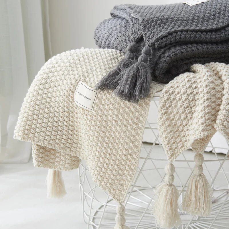 HOLAROOM Thread Blanket with Tassel Solid Beige Grey Coffee Throw Blanket for Bedroom Sofa Home Textile Fashion Knitted Blanket