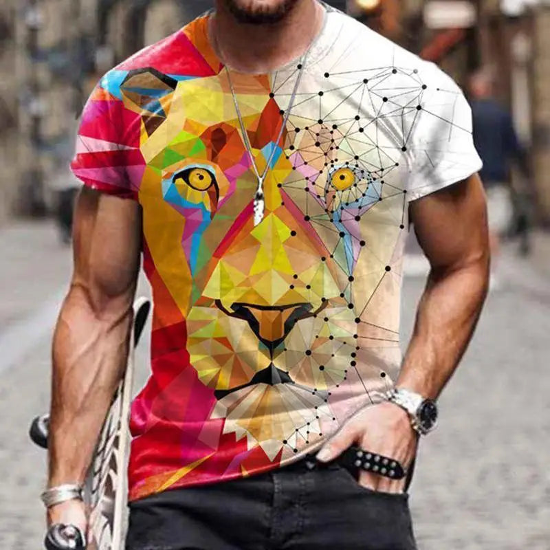 2023 New Men's Vintage T-Shirt Printed American Plus-Size Hip-Hop Personality Lion Designed Short-Sleeved Daily Casual Clothing