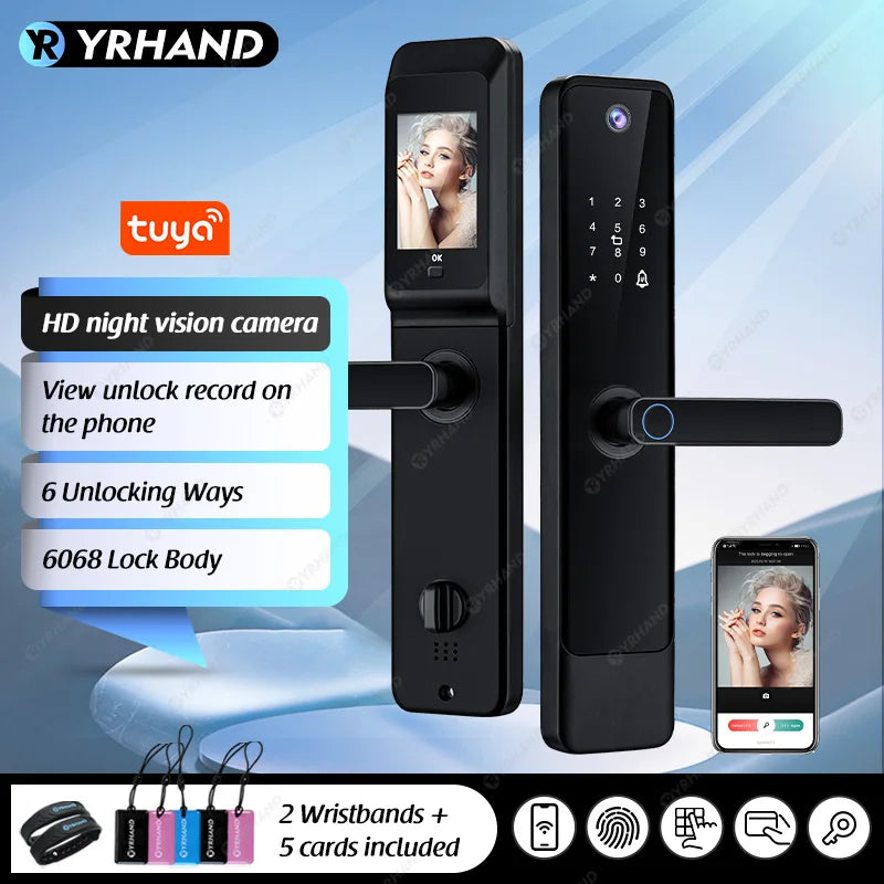 YRHAND Tuya Wifi Digital Electronic Smart Door Lock With Biometric Camera Fingerprint Peephole 6068 Smart Door Lock