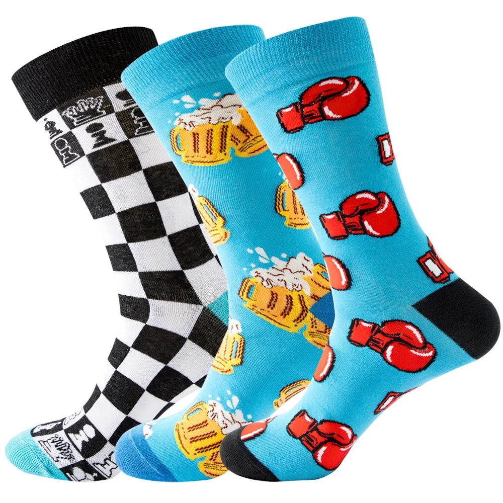 2023 NEW Funny Men Socks Cotton Fashion Trend Harajuku Guitar Beer Boxing Gloves Skull Chess Clown Sieve Hip Hop Socks EUR 39-45