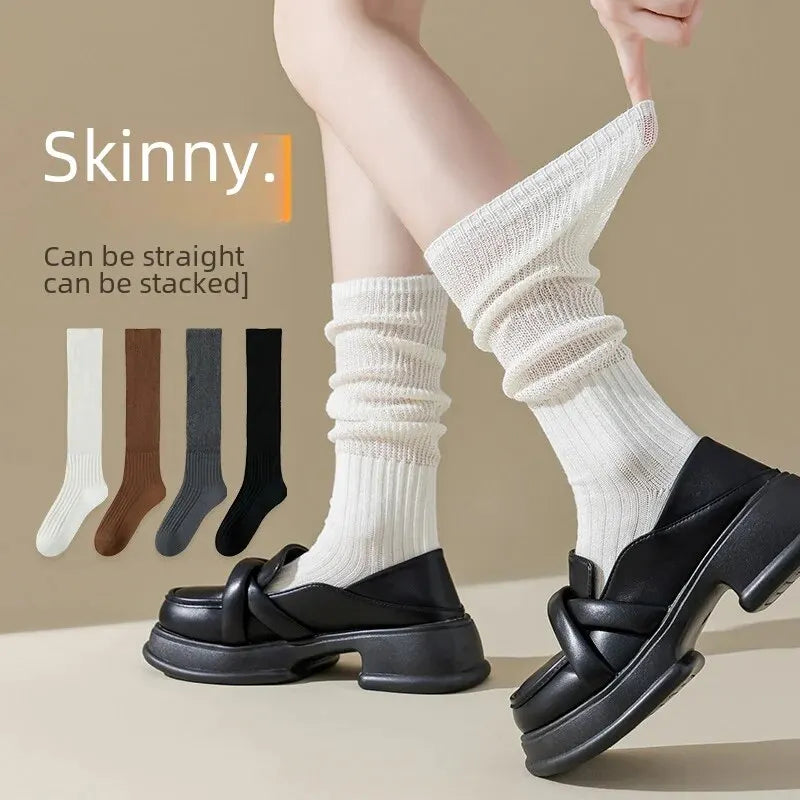 Long Tube Stacking Socks Women Small Leather Shoes Spring Autumn White Leg Design College Style Socks Cotton Seamless Knitted