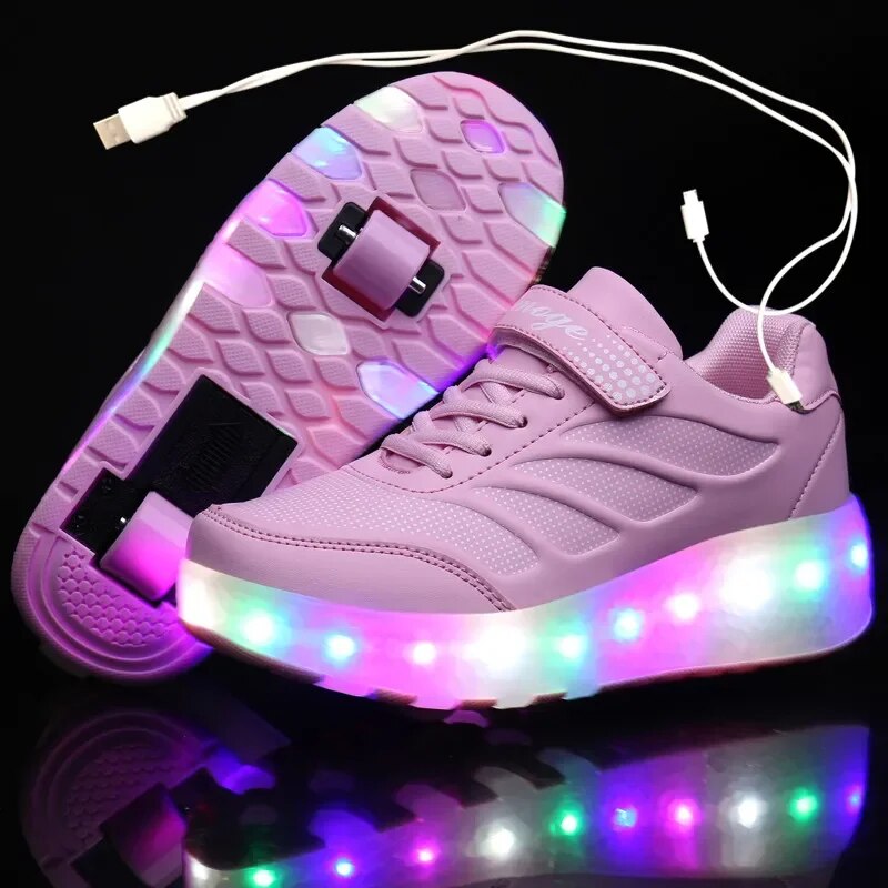 USB Charging Black Two Wheels Luminous Sneakers Led Light Roller Skate Shoes for Children Kids Led Shoes Boys Girls Shoes 28-43