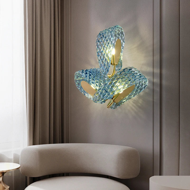 Creative Blue Flower Wall Lamp Light Luxury Designer Bedroom Bedhead Background Wall All Copper Living Room Decorative Wall Lamp