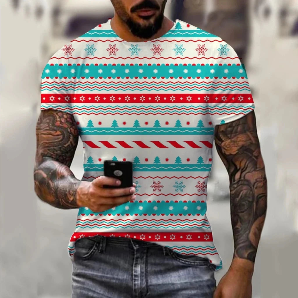 Carnival Party Hip Hop Men's Christmas Elf Santa Claus Printed T-shirt Fashion Trend Round Neck Loose Street Party Men's Round N