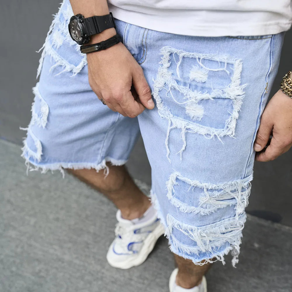 2023 Summer Men Streetwear Ripped Patch Denim Shorts Stylish Solid Casual Straight Male Jeans Five-point Pants