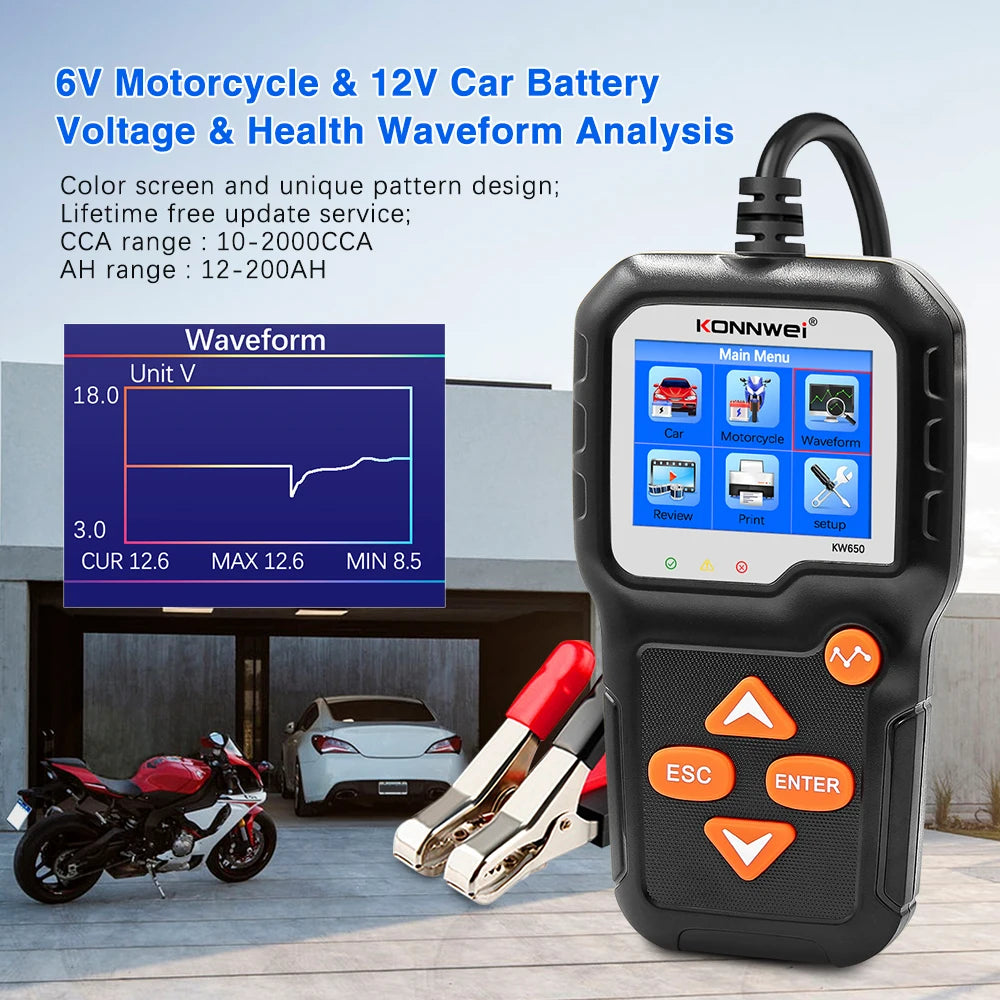 KONNWEI KW650 Car Battery Tester 6V 12V Motorcycle Auto Analyzer 100 to 2000 CCA Car Moto Cranking Charging Test Tool PK KW510