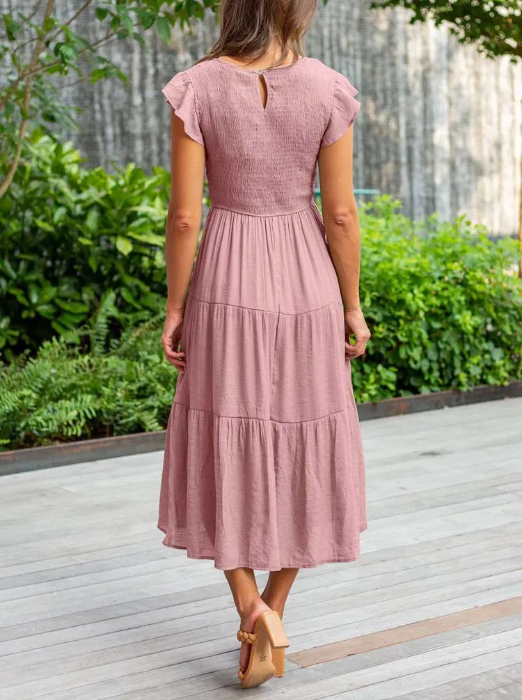 2023 Summer Fashion Casual Pleated A Line Women's Dress Fashion Elegant Chic Solid O-neck Flying Sleeve Long Dresses For Women