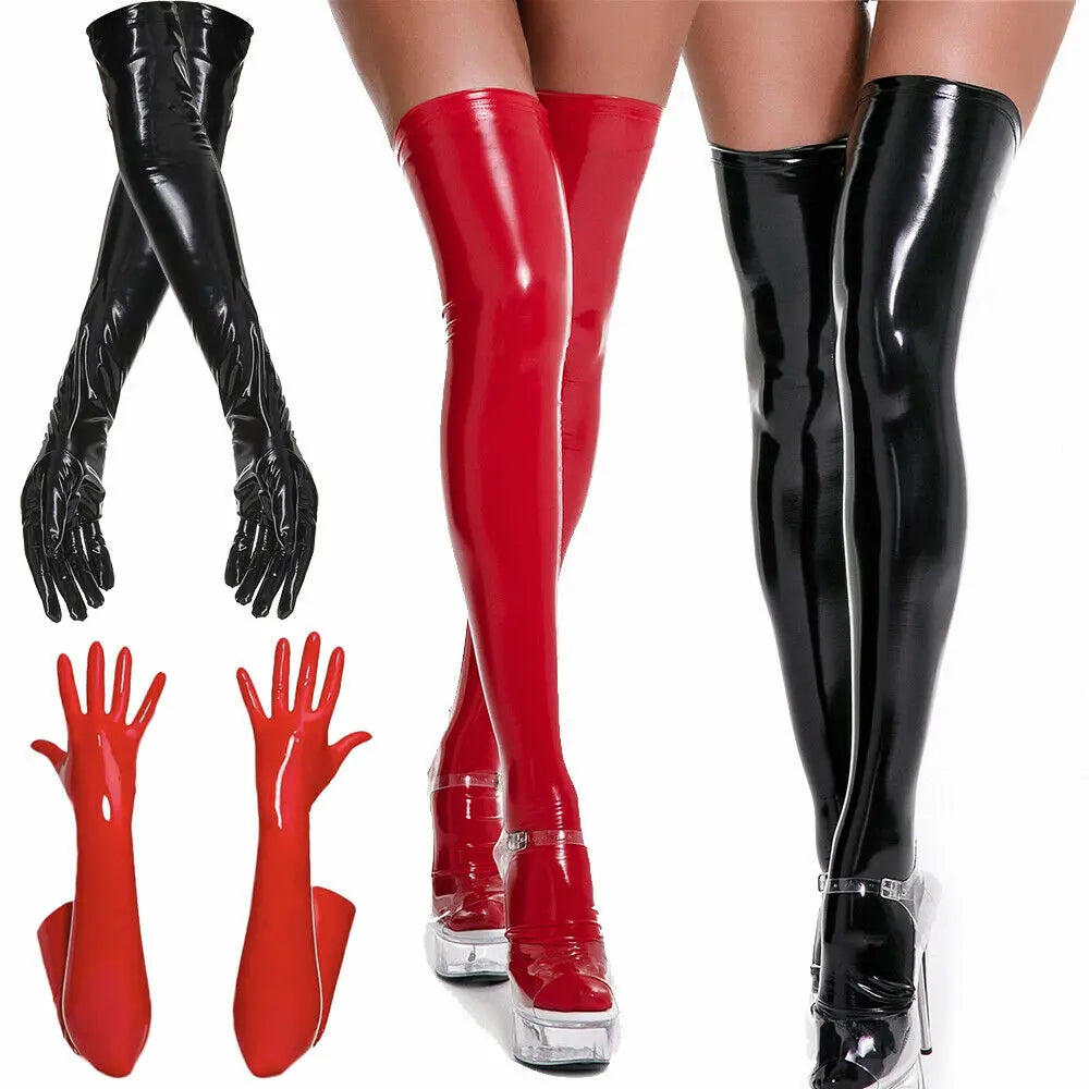 Women PU Leather Wetlook Shiny High Stockings Mittens Long Leather Gloves Disco Party Dance Clubwear Cosplay Costumes Red Black