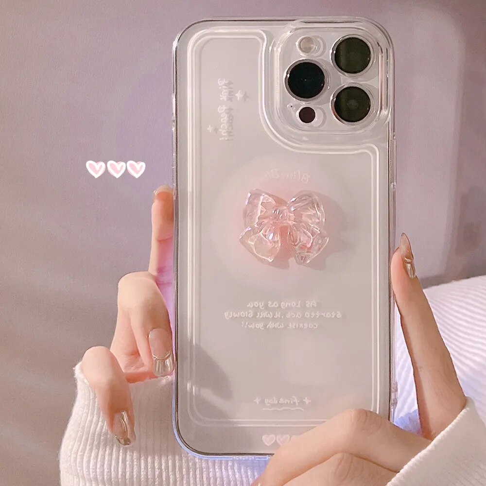 Cute 3D Crystal Bow Love Heart Case For iPhone 15 14 13 12 Mini 11 Pro Max X XS XR 7 8 Plus SE 2022 Clear Soft Shockproof Cover