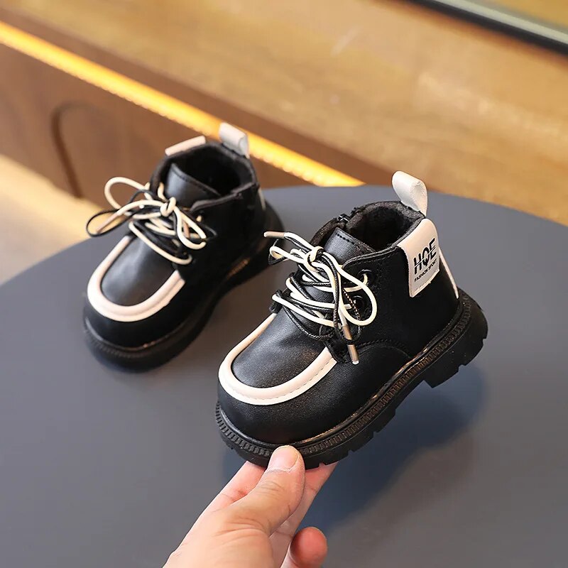 Baby Boots Winter New Thickened British Style Boys Girls Anti Slip Warm Leather Boots Side Zipper Kids Soft Soled Toddler Shoes