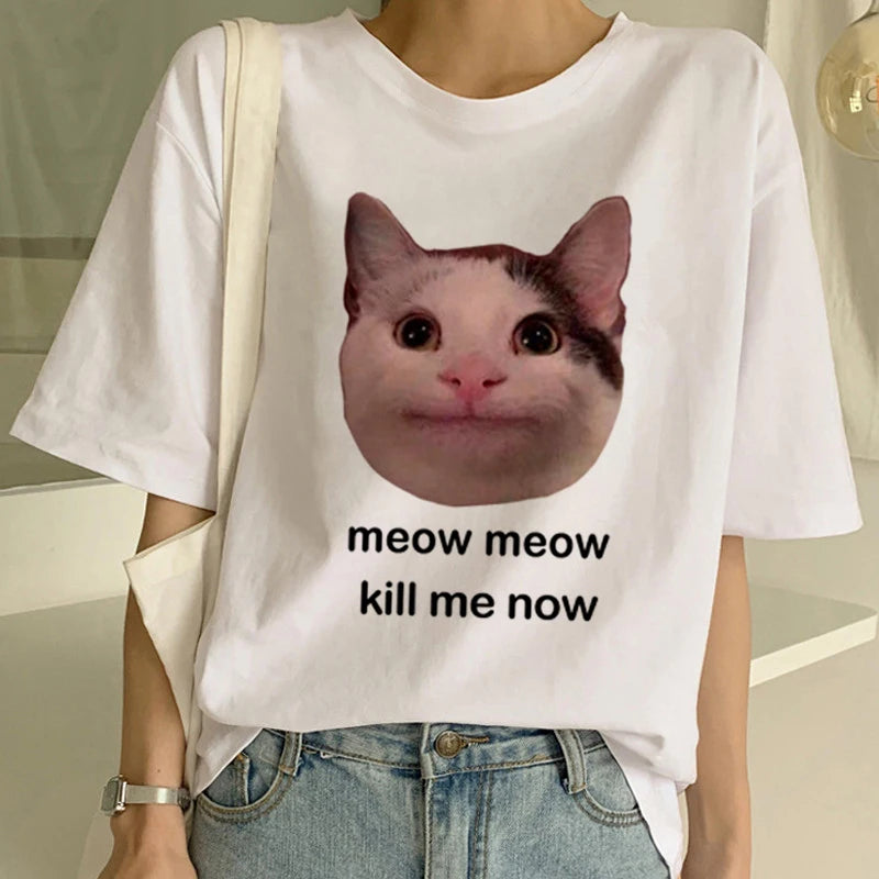 New Cute Cat T Shirt Women Casual Funny Cartoon Print Tshirt Harajuku Kawaii Fashion T-shirt Summer Short Sleeve Top Tees Female