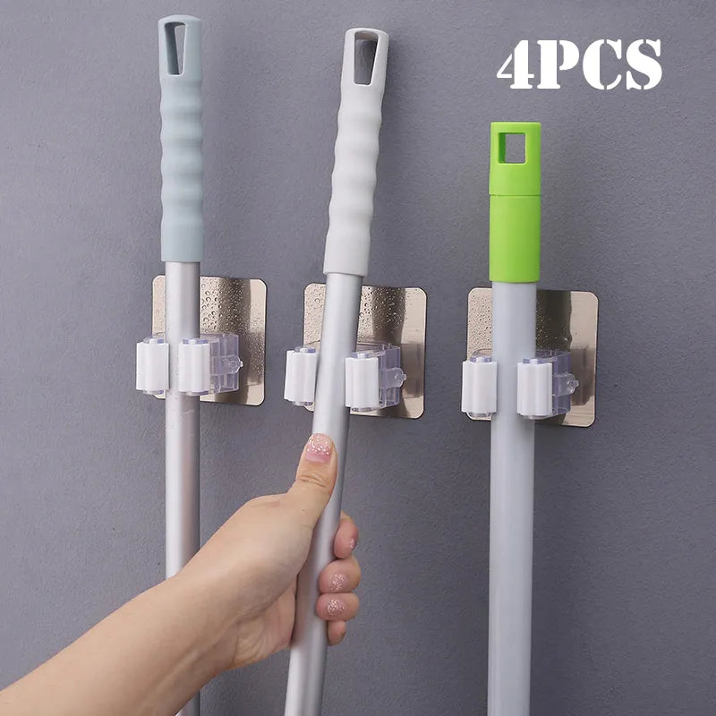 2/4pcs Adhesive Wall Mounted Hooks Multi-Purpose Mop Broom Holder Rack Storage Solution Strong Hanger for Kitchen Bathroom