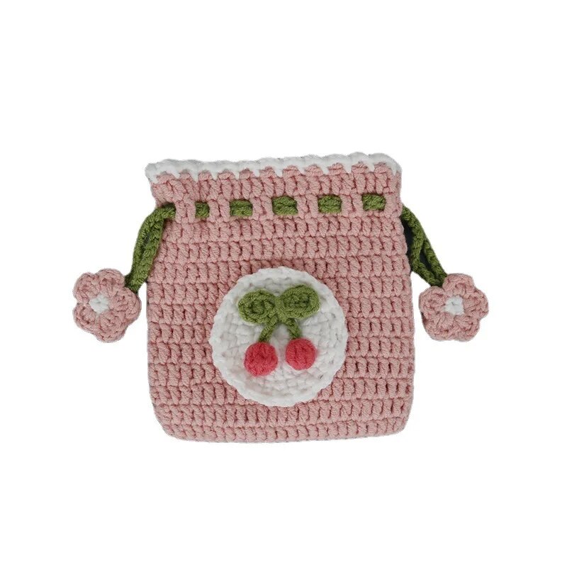 Handmade Knitted Cartoon Coin Purse Drawstring Pouch for Women Children Carrying Earphones Lipsticks Key Coins Small Wallet Bags