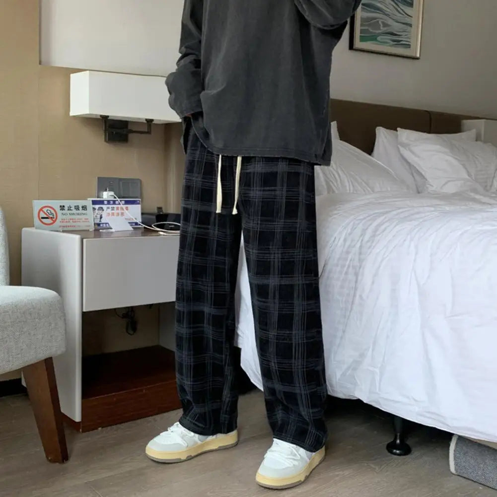 Mid-Rise Elastic Waistband Men Pants Pockets Straight Wide Leg Casual Trousers Plaid Print Drawstring Loose Corduroy Pants