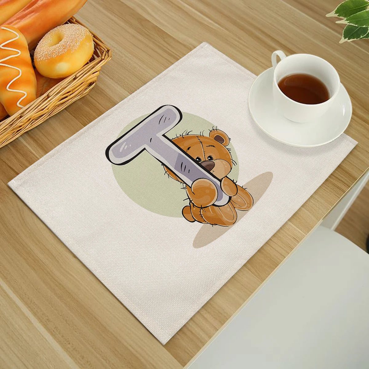 Cute Cartoon Animal Bear Kitchen Placemat for Children Kids English Alphabet A-Z Print Cotton Linen Dining Table Mats Coaster