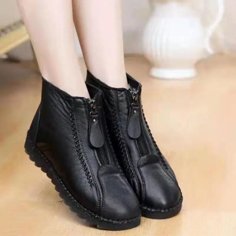 2023 Winter Women Ankle Boots Fashion Warm Mother's Boots Flat-Bottom Comfortable Non Slip Front Zipper Closure Female Footwear