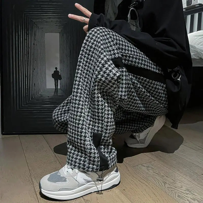 Spring Autumn Houndstooth Fashion Korean Trousers Man Loose Pants Casual Sweatpants Vintage All Match Streetwear Male Clothes