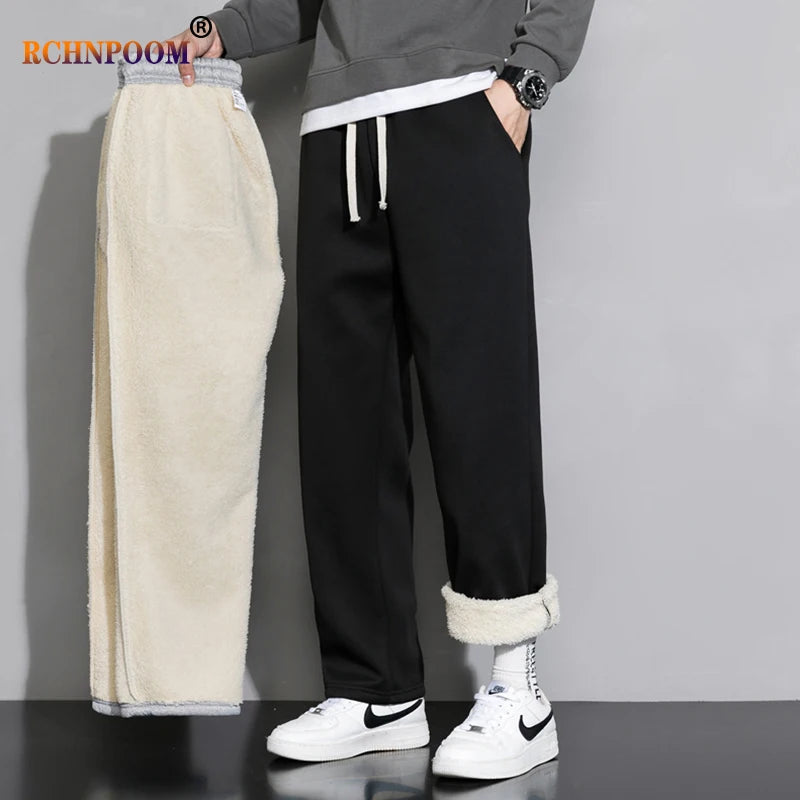 Men Winter Lambswool Warm Thicken Casual Pants Men Plus Fleece Joggers Sweatpants High Quality Solid Color Loose Brand Trousers