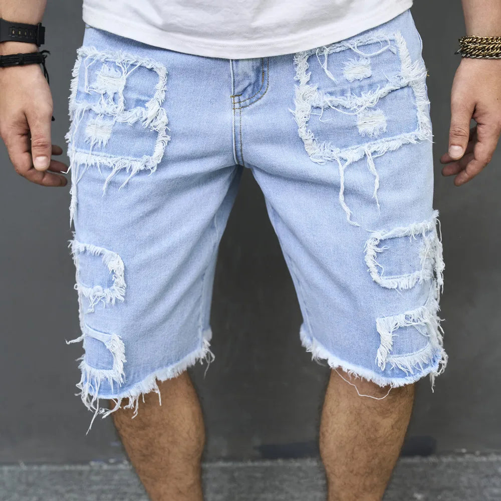 2023 Summer Men Streetwear Ripped Patch Denim Shorts Stylish Solid Casual Straight Male Jeans Five-point Pants