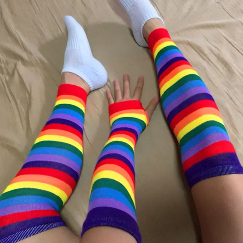 Womens Rainbow Socks Striped Over Knee Thigh High Stockings Arm Warmer Gloves Drop Shipping