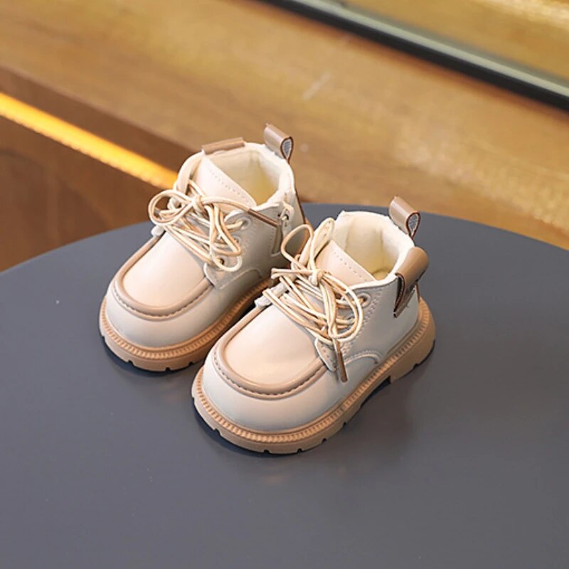 Baby Boots Winter New Thickened British Style Boys Girls Anti Slip Warm Leather Boots Side Zipper Kids Soft Soled Toddler Shoes