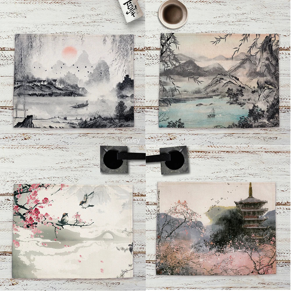 Chinese Landscape Ink Painting Placemat Kitchen Decor Linen Dining Table Mats Coaster Pad Bowl Coffee Cup Mat Tablecloth 42x32CM