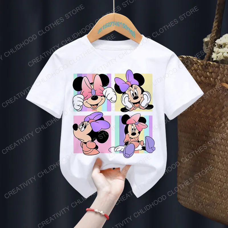 New Summer Minnie Children T-shirt Kawaii Disney T Shirt Mickey Mouse Anime Cartoons Casual Vintage Clothes Kid Girl Boy Top Tee