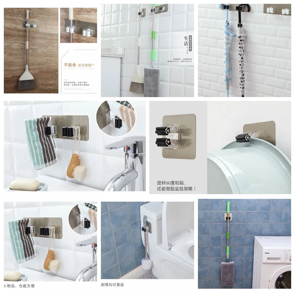 2/4pcs Adhesive Wall Mounted Hooks Multi-Purpose Mop Broom Holder Rack Storage Solution Strong Hanger for Kitchen Bathroom