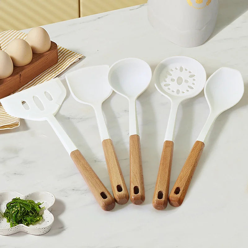 Non-stick Silicone Cooking Utensils Set Kitchenware Wooden Handle Spatula Spoon Turner Soup Ladle Whisk Cookware Kitchen Tools