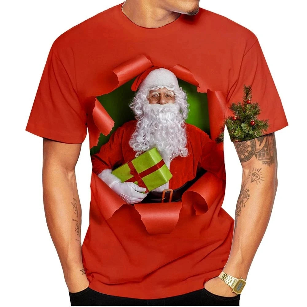 Carnival Party Hip Hop Men's Christmas Elf Santa Claus Printed T-shirt Fashion Trend Round Neck Loose Street Party Men's Round N