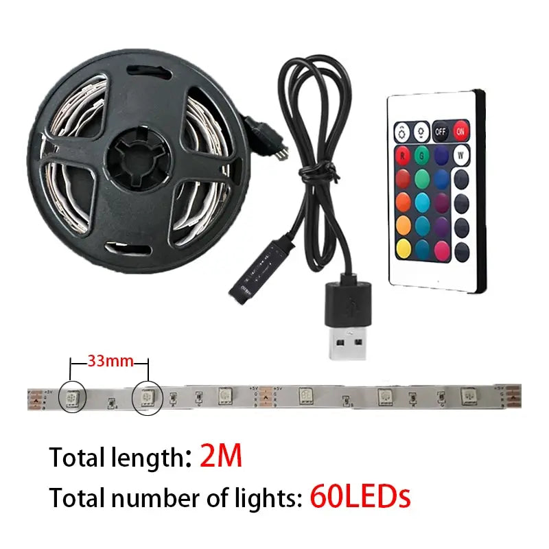 2M LED Light String 60 Leds Computer Desk DIY Backlight 24 Key Remote Control 5050 Multicolor Tape Home Decoration Light Bar