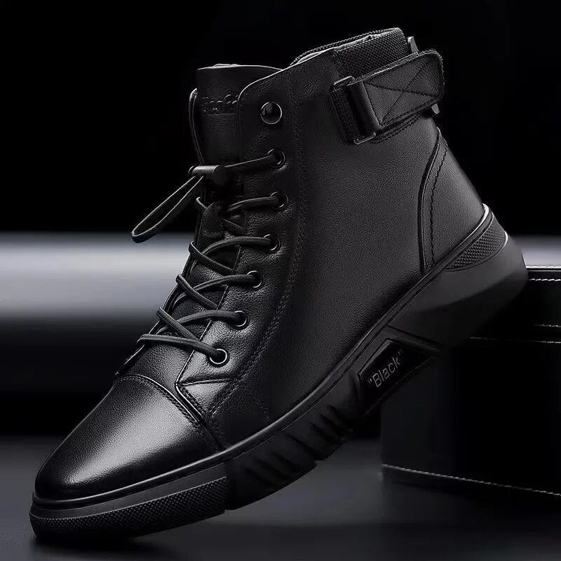 Men's Motorcycle Boots Comfortable Platform Boots Men's Outdoor High Top Leather Boots Fashion Comfortable Waterproof Men Shoes