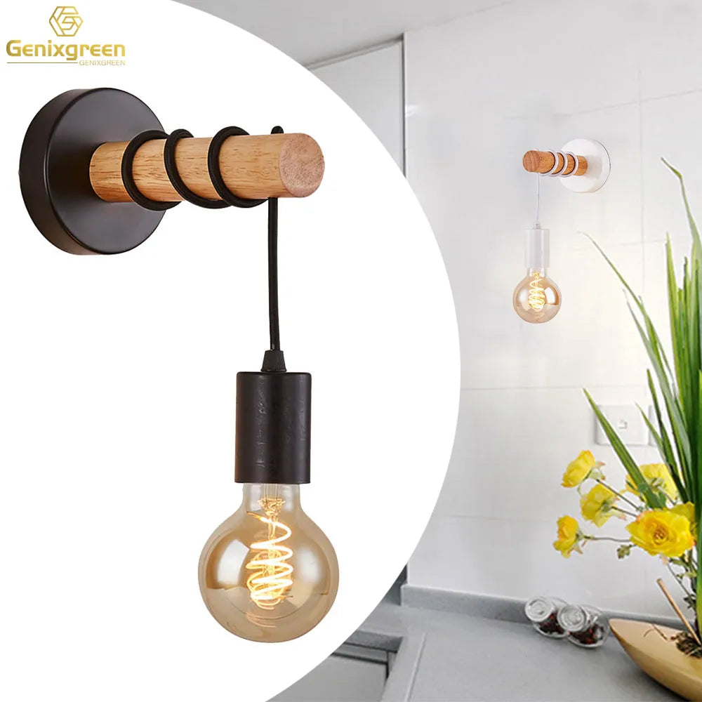 Genixgreen Vintage Wood Wall Lamp E27 Modern Indoor Wall Light Black White Wooden Sconce Home Indoor Stair Decorartion Lighting