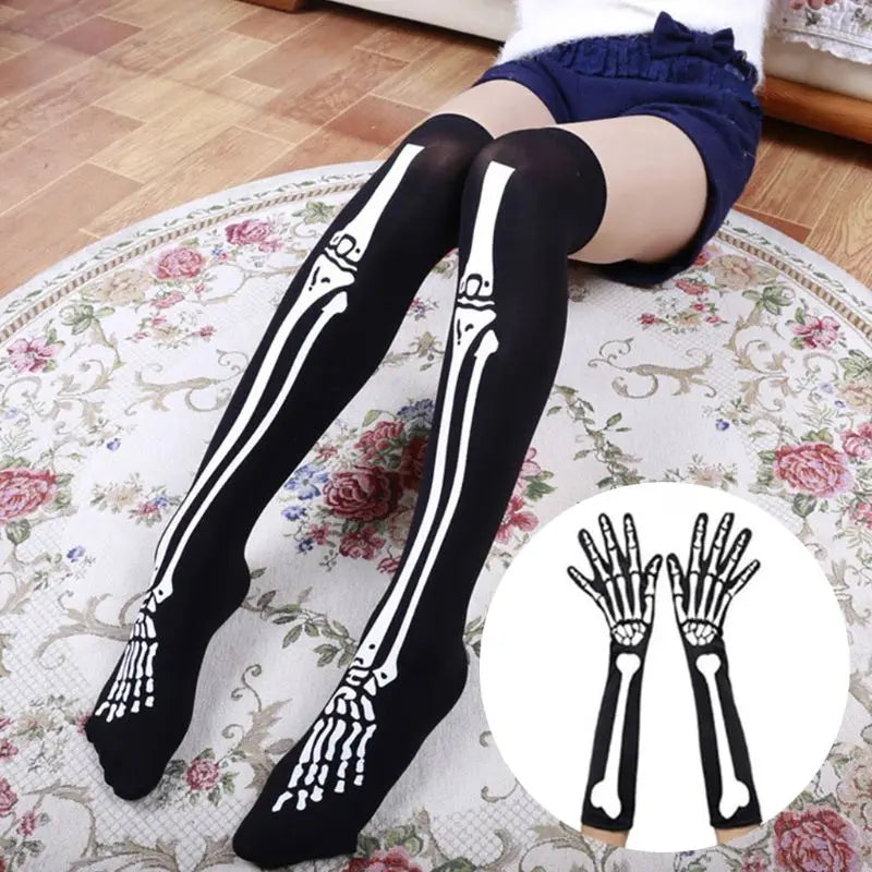 Womens Halloween Cosplay Skull Skeleton Bone Gloves Thigh High Stockings Socks Dropshipping