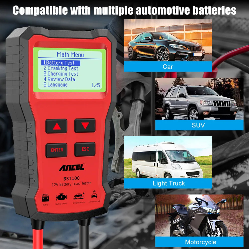 ANCEL BST100 Car Battery Tester 12V 220Ah 2000CCA Multilingual Battery Test Tool for the Car Cranking Charging Test PK BM550