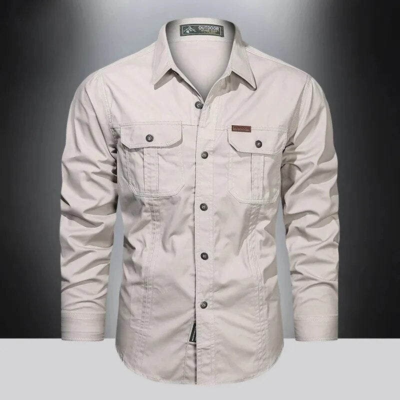 New Autumn Military Style Cotton Pocket Shirt for Men Solid Color Slim Casual Brand Clothing Men Long Sleeve Shirts 5XL