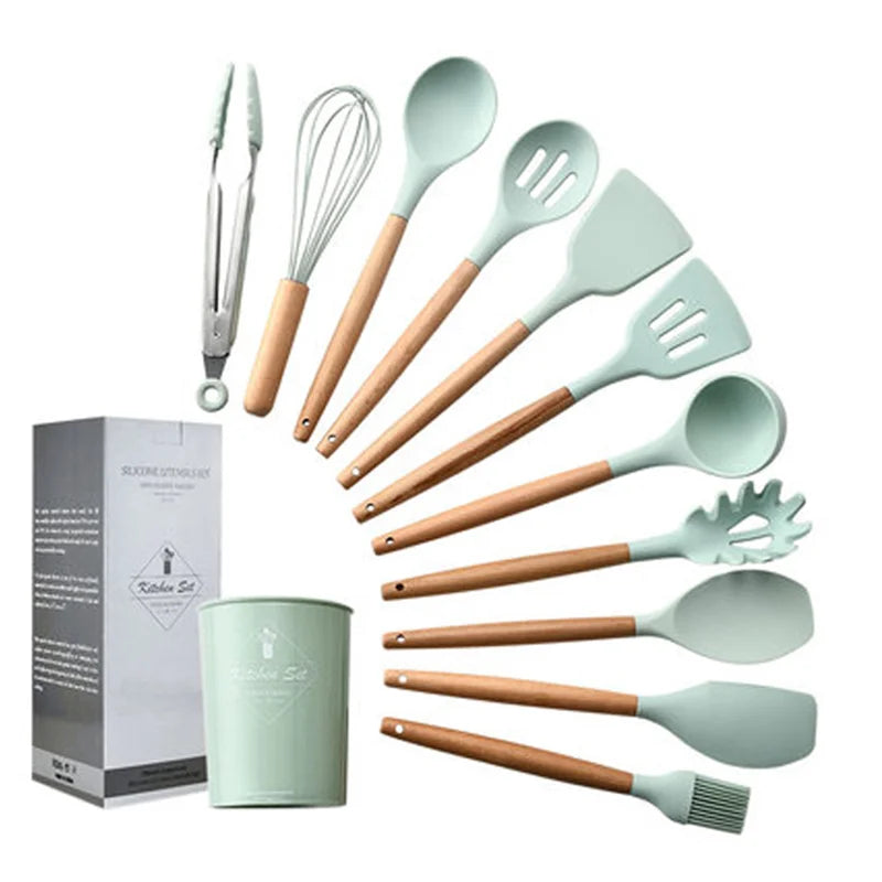 Silicone Kitchenware Cooking Utensils Set Non-stick Cookware Spatula Shovel Egg Beaters Wooden Handle Kitchen Cooking Tool Set