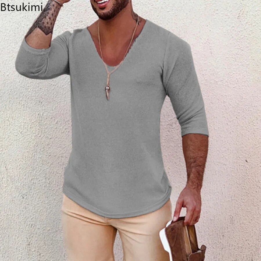 2023 Men's Casual Long Sleeve Kniited Sweaters Thin Style Mens Spring Autumn Clothing Solid V Neck Knitting Pullover Knit Tops