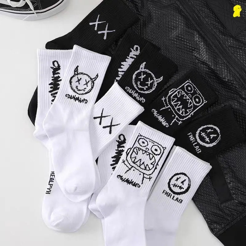 Men Women Socks Cotton Simplicity Anime Devil Grimace Harajuku Black White Graffiti Fashion Long Funny Hip Hop Sox Unisex medias