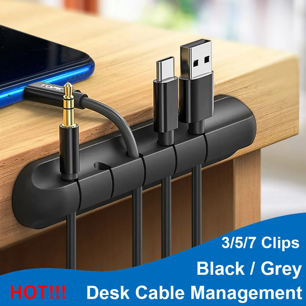 Silicone USB Cable Organiser Desk Winder Desktop Tidy Management Clips Cable Holder Self-Adhesive Cord storage Organizer Wire