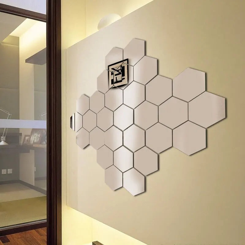 24pcs/set 3D Acrylic DIY Self-adhesive Decorative Decal Hexagonal Geometric Mirror Wall Pasted Hexagon