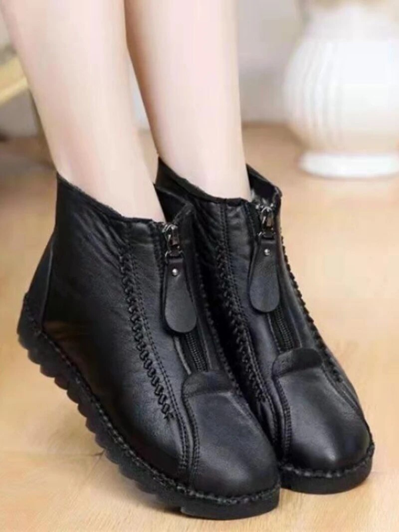 2023 Winter Women Ankle Boots Fashion Warm Mother's Boots Flat-Bottom Comfortable Non Slip Front Zipper Closure Female Footwear