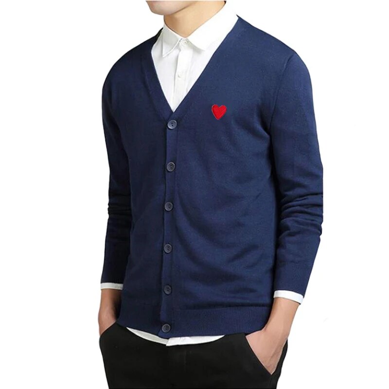 Men Cardigan Heart Eye Embroidered Cotton V-Neck Single Breasted Long Sleeves Spring Autumn Straight Casual Sweater