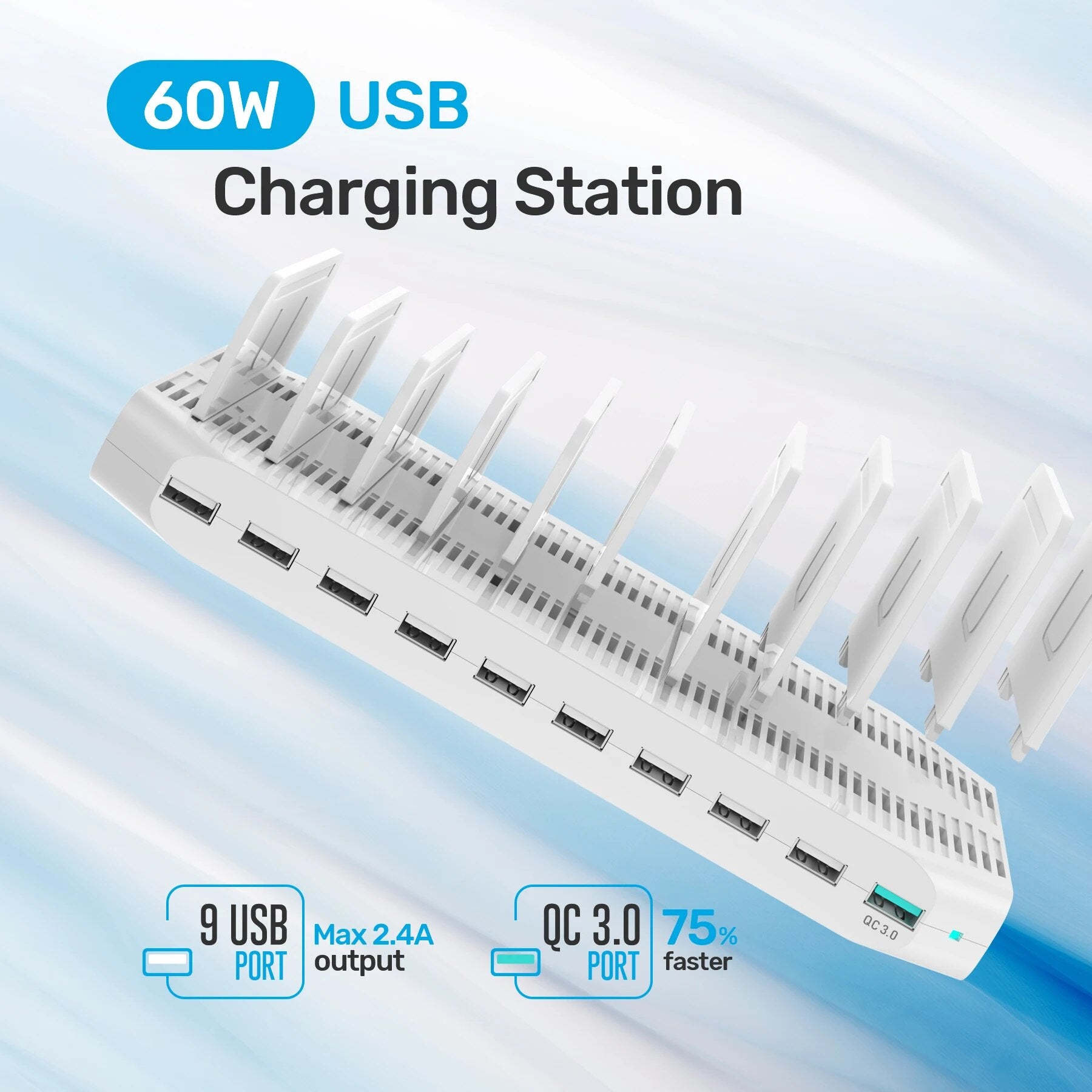 Unitek 10-Port USB Charging Station Multiple USB 60W Charger Dock with QC 3.0 Fast Charging for iPhone Samsung iPad Tablet Phone