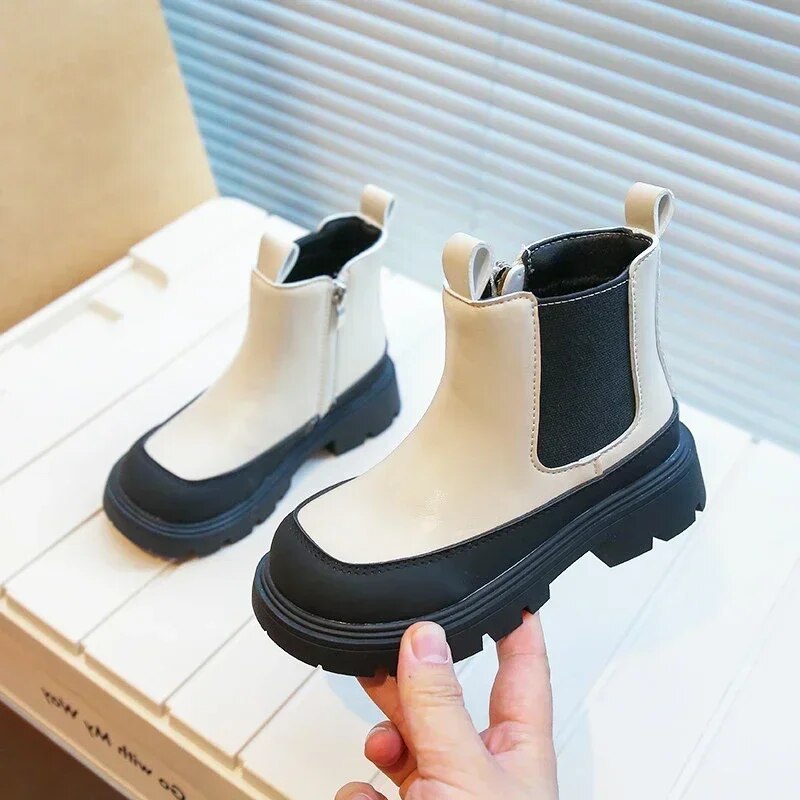 Kids Zip Shoes Girls Ankle Boots for Kids New 2024 Autumn Children Stitching Platform Shoes Boys Fashion Non-slip Short Boots