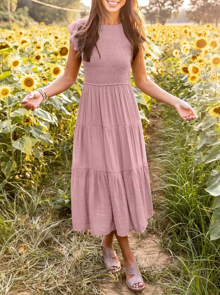 2023 Summer Fashion Casual Pleated A Line Women's Dress Fashion Elegant Chic Solid O-neck Flying Sleeve Long Dresses For Women