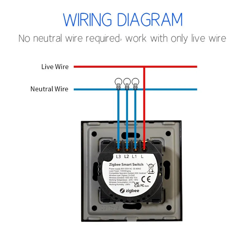 ZigBee Wall Touch Smart Light Switch with Neutral/No Neutral,No Capacitor Smart Life/Tuya 2/3 Way Control Smart Home