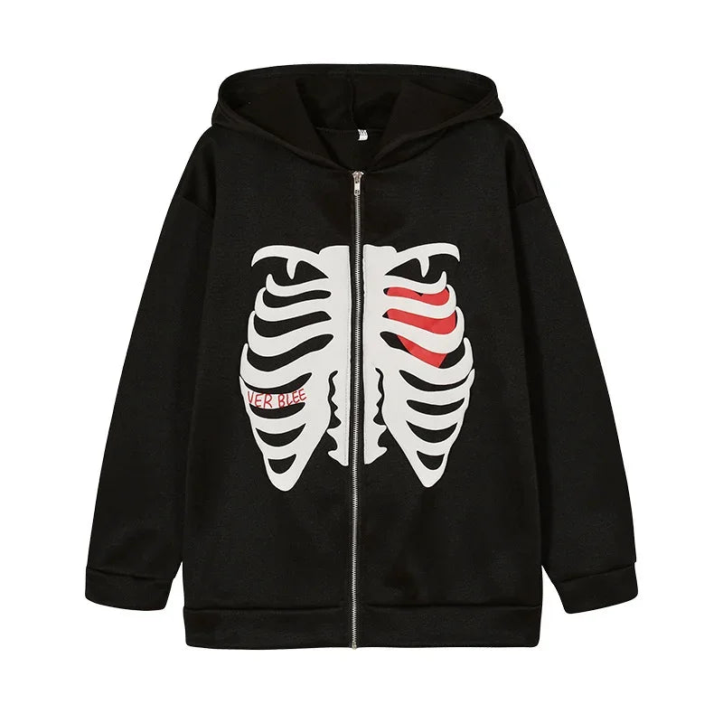 Y2K Skeleton Hoodies Women 2022 Vrouwen Gothic Zwart Zip Up Oversized Sweatshirt Dames Retro Harajuku Capuchon Streetwear Tops