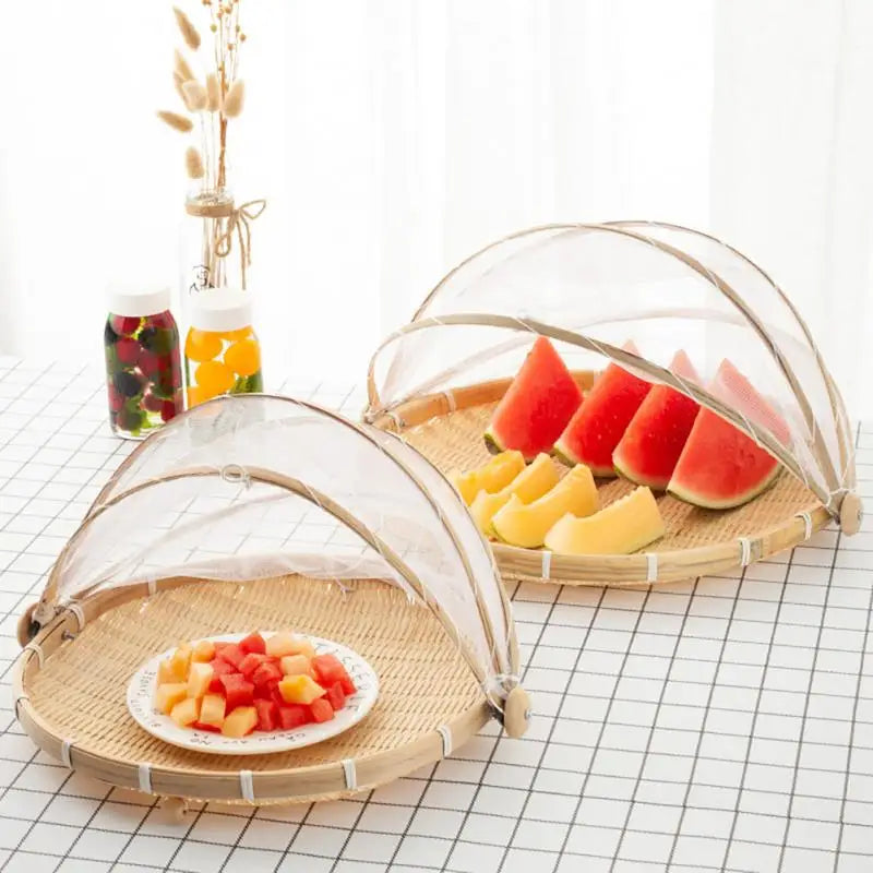 Hand-Woven Food Bamboo Kitchen Organizers Basket Tray Fruit Vegetable Bread Storage Basket Outdoor Picnic Mesh Net Cover