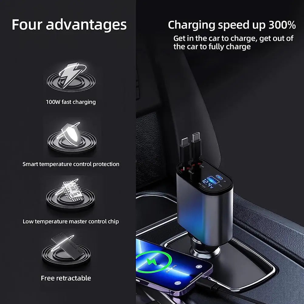 100w 4 IN 1 Retractable Car Charger USB Type C Cable For IPhone Samsung Fast Charge Cord Cigarette Lighter Adapter